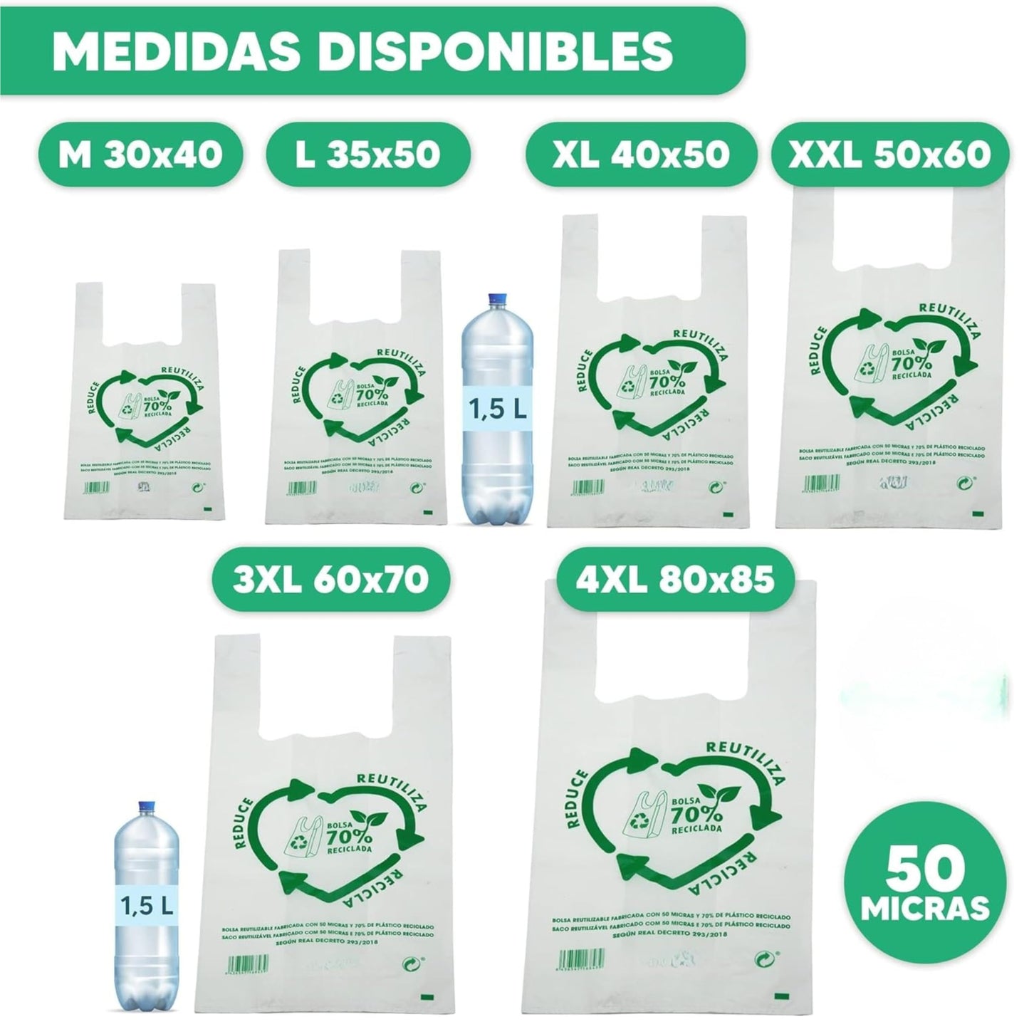 Bolsas Tipo Camiseta | Plástico 70% Reciclado · Tamaño 35x50 cm | 100 Uds | Aptas Uso Alimentario, Resistentes, Reutilizables | Cumple todas las normativas