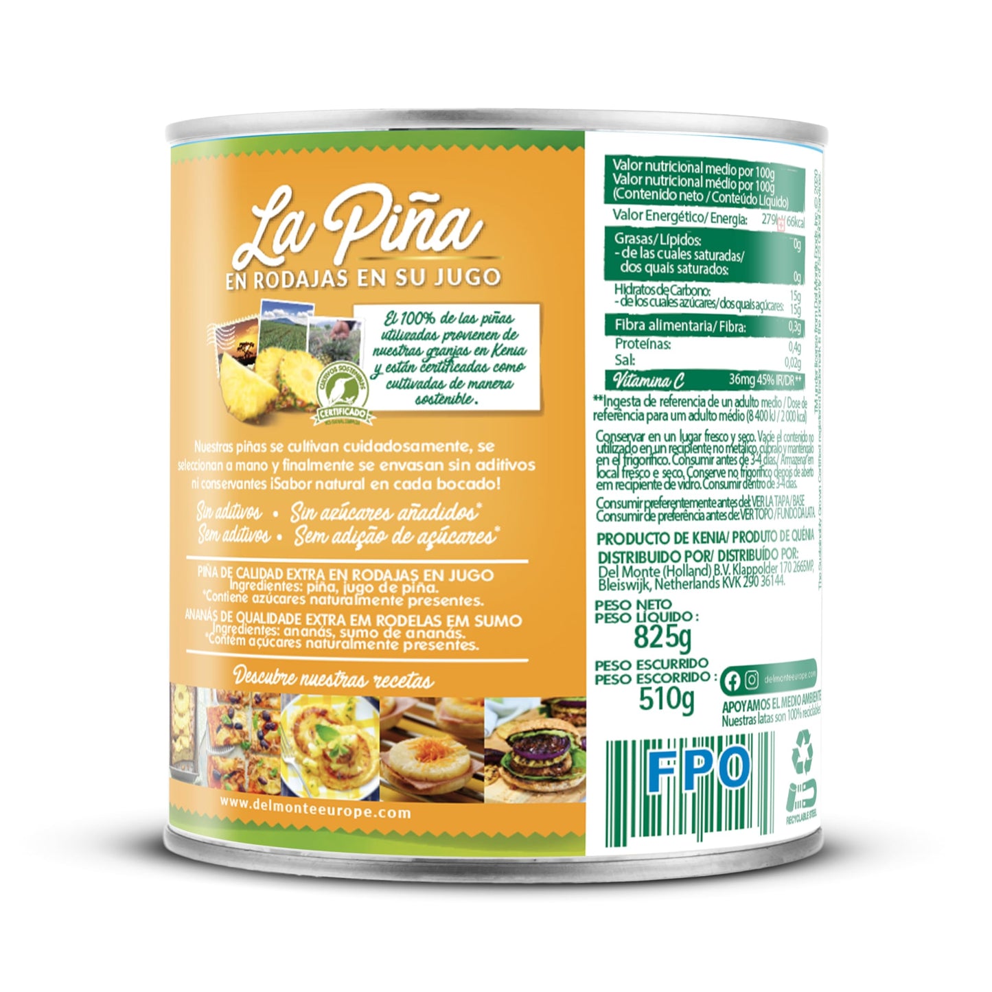 Del Monte Piña Rodajas en Jugo, 510g
