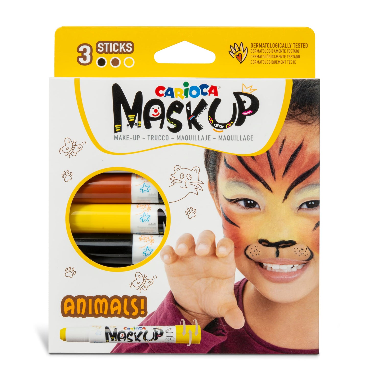 Carioca Mask Up Animales, Kit de Pintura Facial para Niños y Niñas, Barras de Maquillaje Ideal para Navidad, Halloween, Carnaval y Fiestas - 3 Colores y 2 Tutoriales - Dermatológicamente Testado