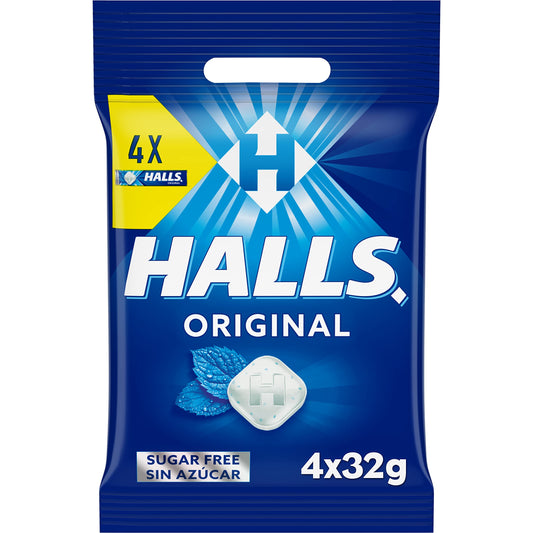 Halls Original Caramelos Sabor Eucalipto, Sin Azúcar, Paquete de 4 x 32 g