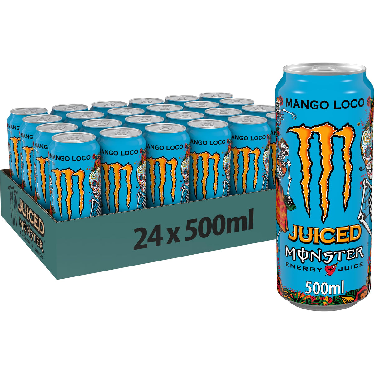 Monster Energy Mango Loco con zumo de mango, con ácido carbónico, paleta de bebidas energéticas 24 x 500 ml y adhesivo gratis
