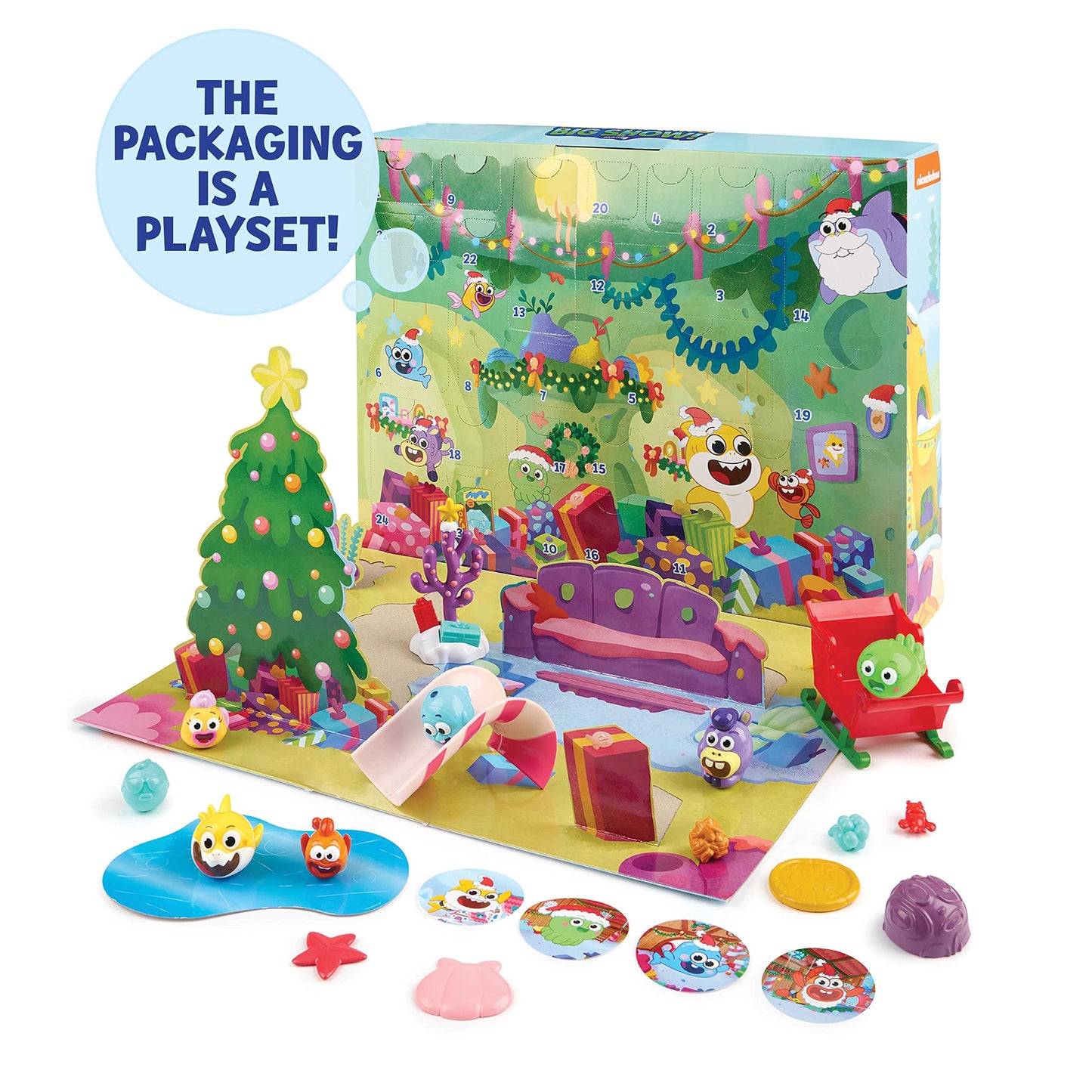 WOWWEE - Calendario de Adviento Baby Shark (Baby Shark Big Show) 24 Regalos sorpresa - Licencia Oficial Baby Shark - Tamaño 40 x 30 x 8 cm - Navidad - Decoración