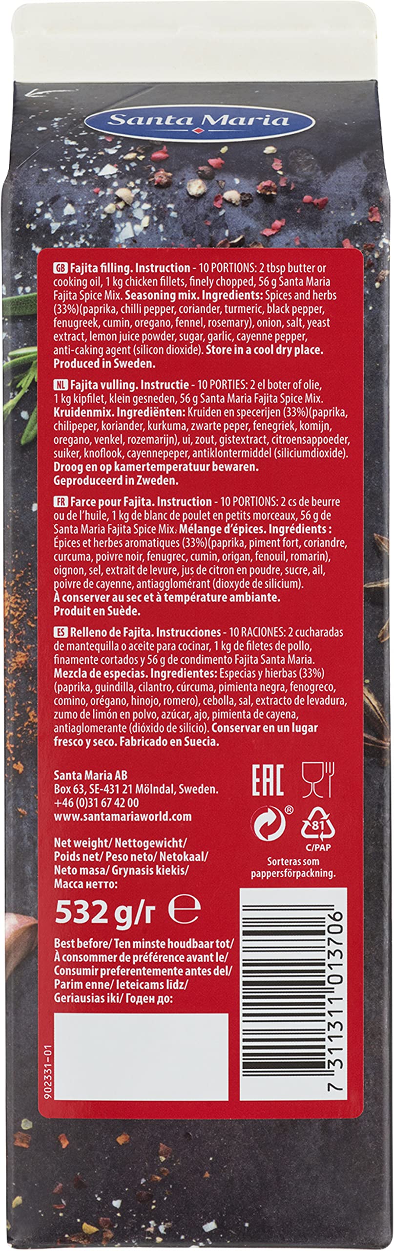 Santa Maria - Sazonador de Fajitas, Seasoning Mix, Condimento Tex-Mex, Mezcla de Especias especial Fajitas - 532g
