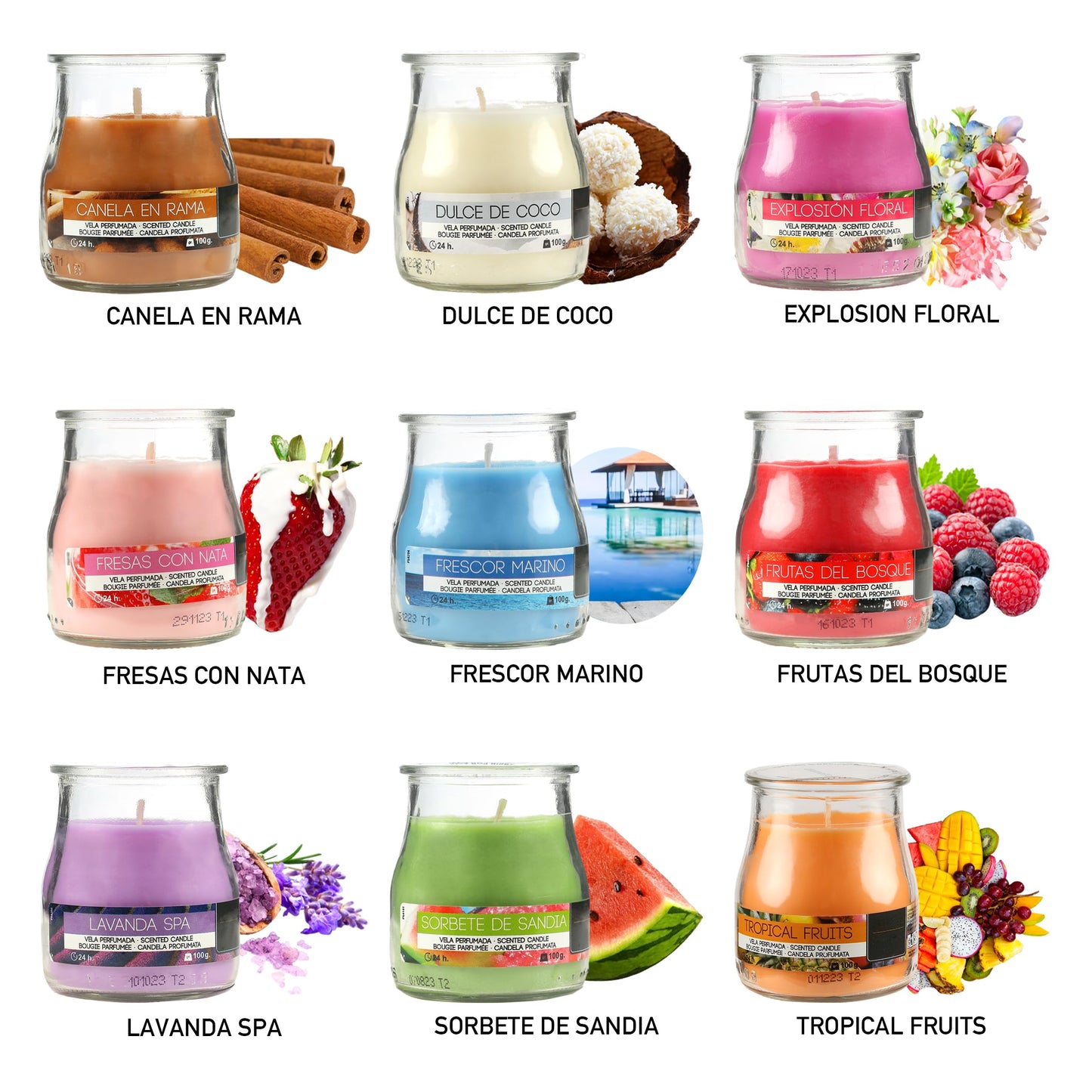 Pack de 4 Velas Aromáticas en Vaso de Yogurt de Cristal Reciclable - 44h de Duración，Cera Vegetal Perfumada, Fabricadas España, 7x6cm (Sorbete de Sandia)