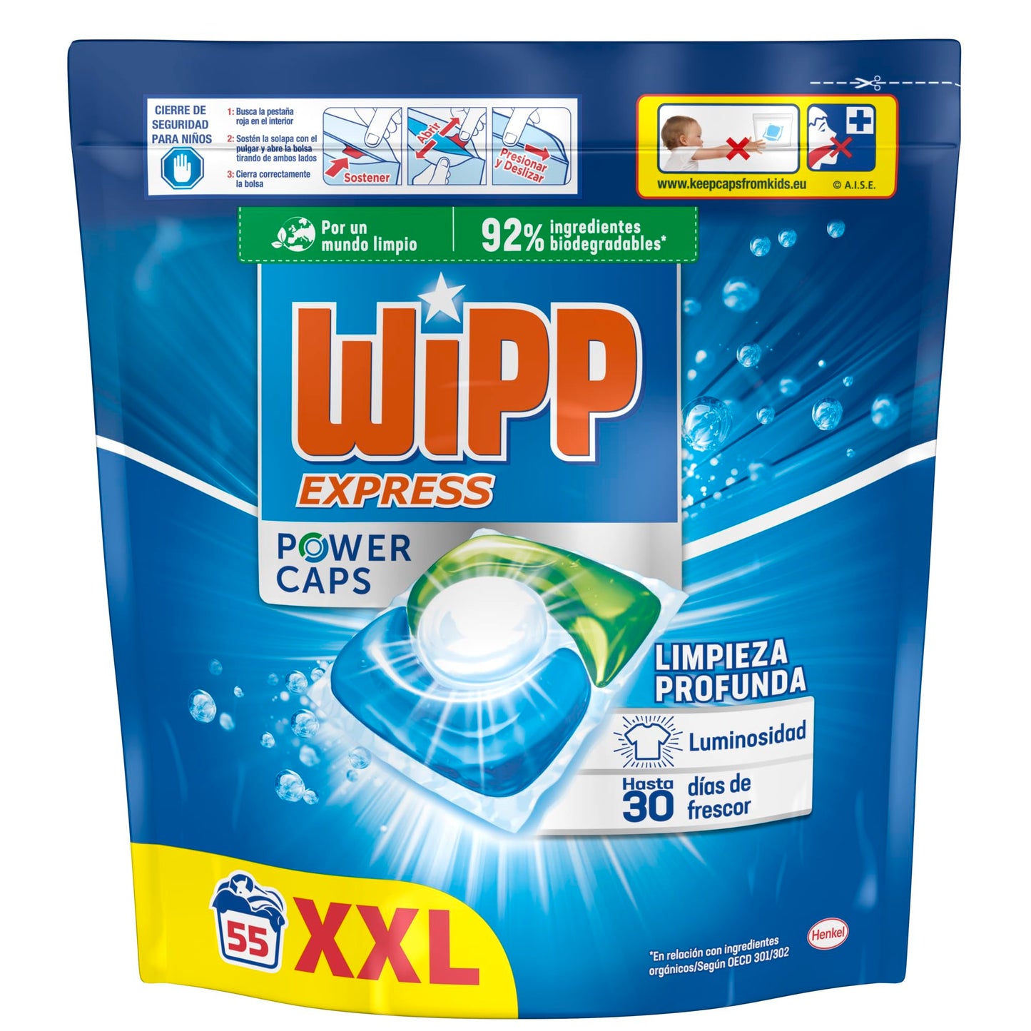Wipp Express Power Caps (1 x 55), Detergente en cápsulas lavadora que proporciona luminosidad, pastillas lavadora para una limpieza profunda, hasta 30 días de frescor