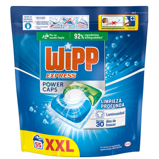 Wipp Express Power Caps (1 x 55), Detergente en cápsulas lavadora que proporciona luminosidad, pastillas lavadora para una limpieza profunda, hasta 30 días de frescor