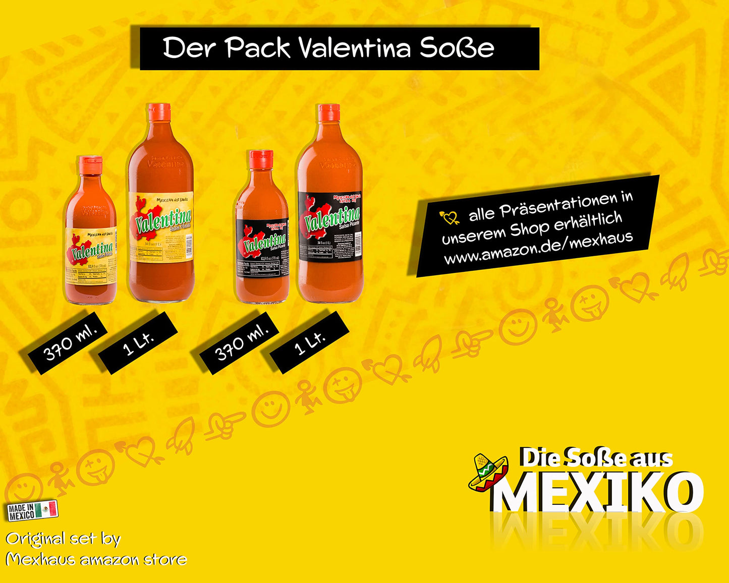 Salsa Valentina salsa picante chilli mexicana caliente / salsa picante / (pack de 2 unidades) - 370 ml cada uno, sin gluten, sin grasa y sin azúcar, salsas picantes set de regalo