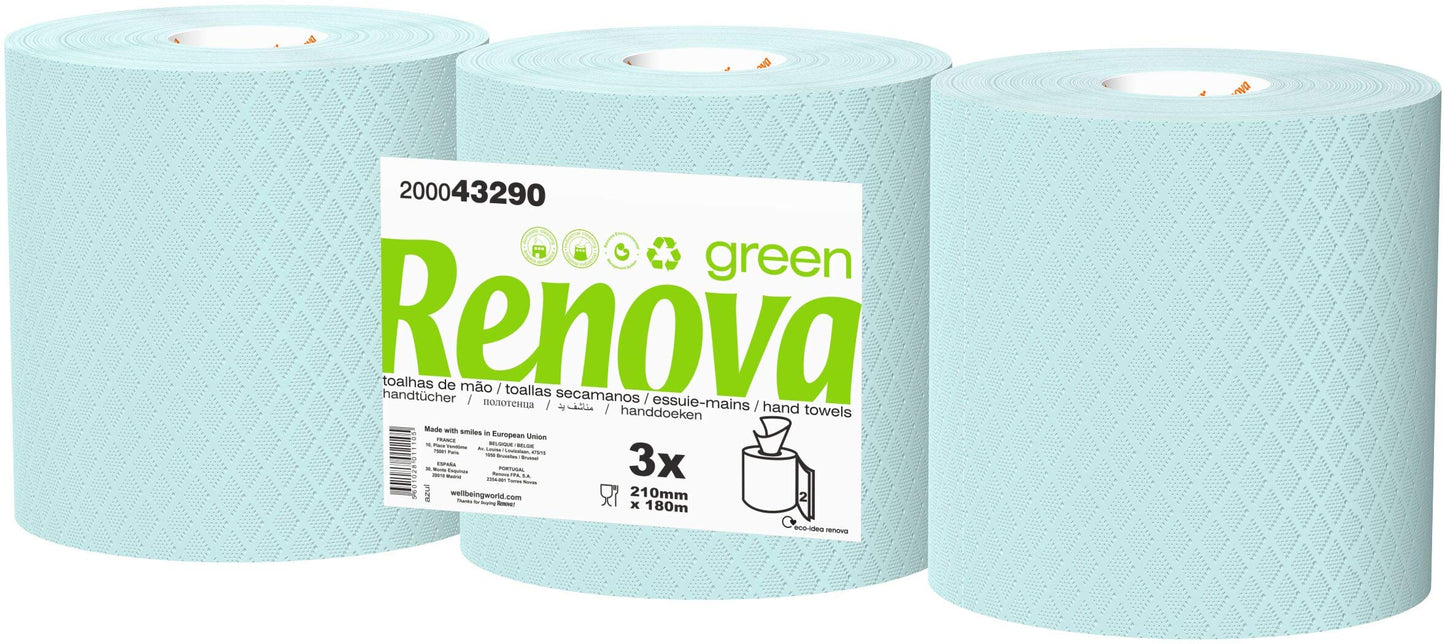 Renova Bobina Secamanos Renovagreen 180 metros - 3 Bobinas Azules de 2 Capas
