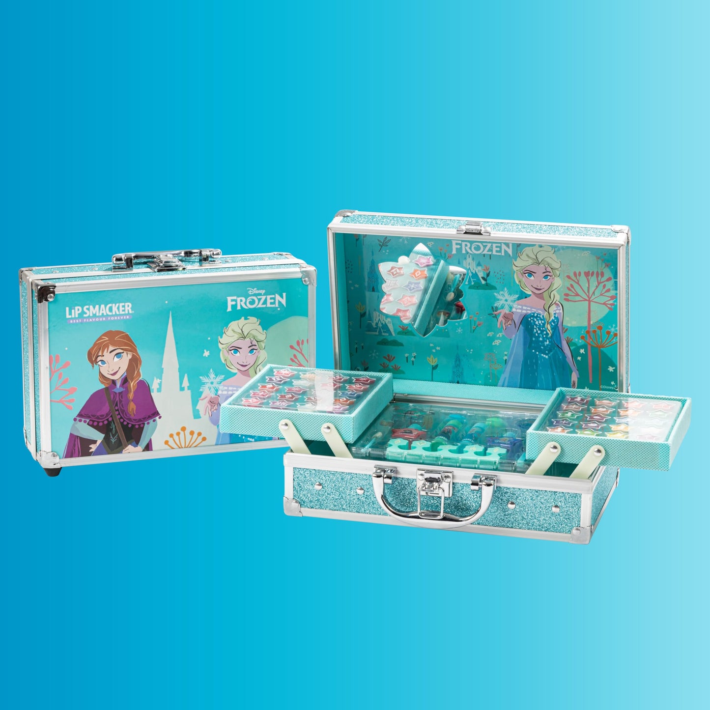 Lip Smacker Frozen Traincase, Maletín De Maquillaje Frozen Para Niñas, 40+ Piezas de Maquillaje para Rostro, Labios y Uñas con Accesorios de Belleza para Cabello y Maquillaje Incluidos