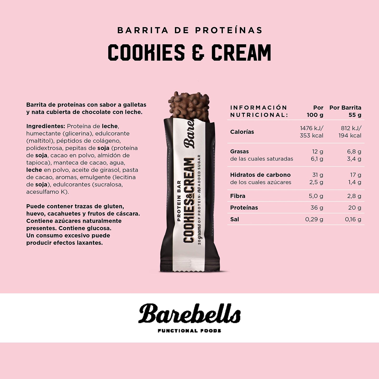 Barebells - Barritas Proteína - 20g Protein x Bar - Baja en azúcar y Calorías - Sin Aceite de Palma - Cookies and Cream (12 Barritas x 55g)