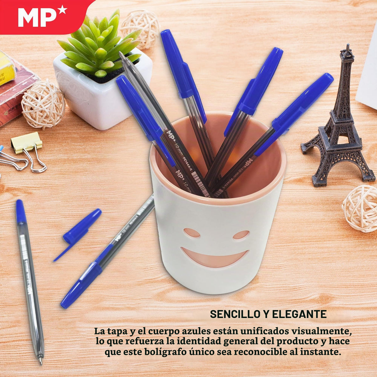 MP Boligrafos boligrafo azul Punta Media 1.0mm Blíster de 7 Unidades para escritura suave