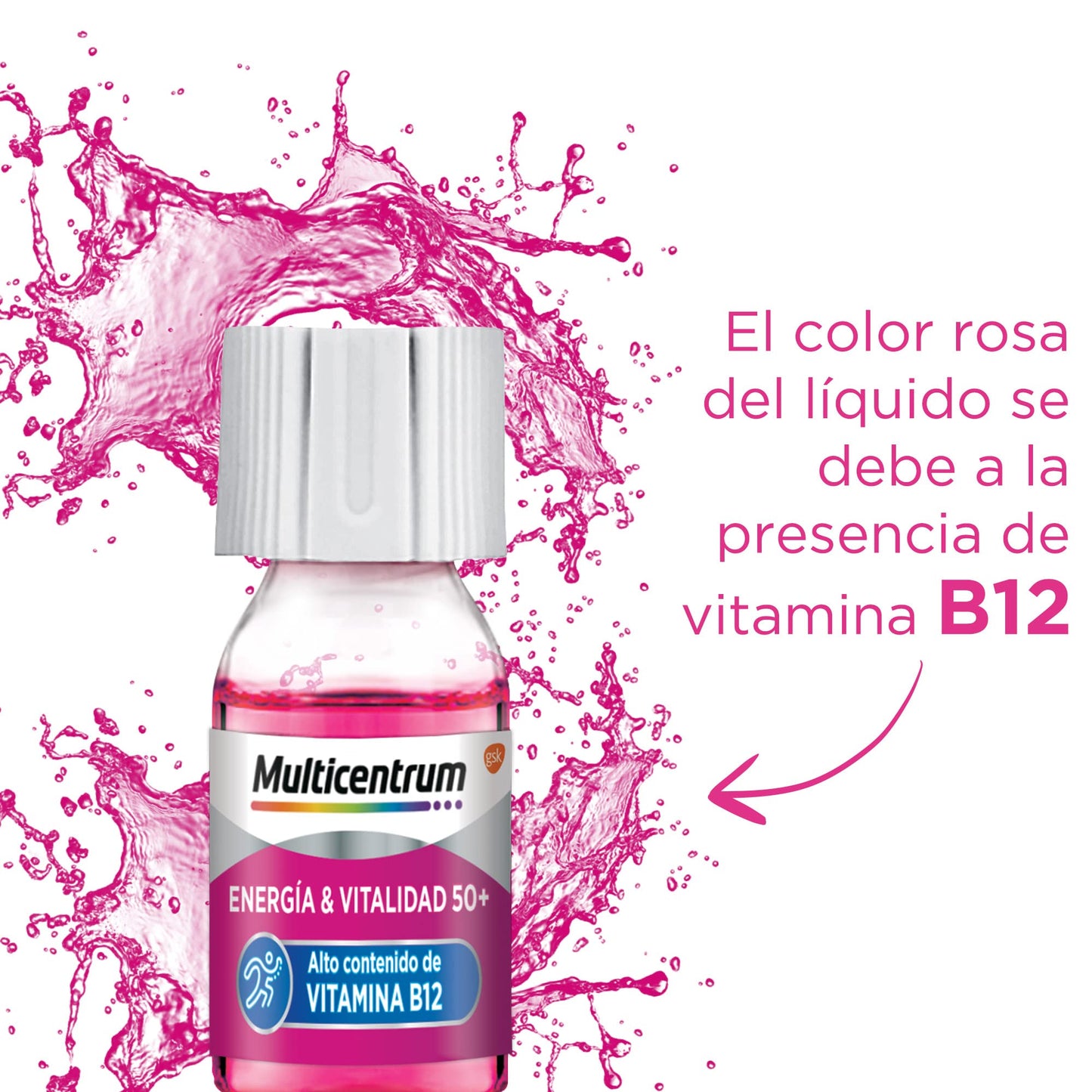 Multicentrum Energía & Vitalidad 50+, liquido, Alto contenido de Vitamina B12, Energía Física y Mental después de los 50 años, pack de 30 frascos
