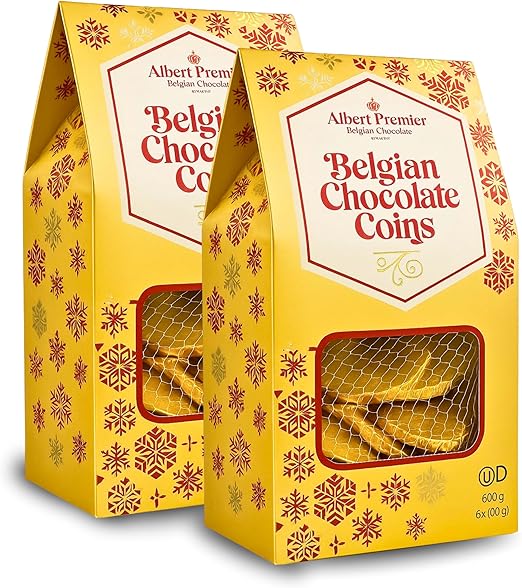Monedas de Chocolate 600g - Albert Premier Belgian Chocolate Coins - Para Regalo, Navidad, Cumpleaños y Fiestas - Monedas de (50cts, 1€ y 2€) - (2 x 600g)
