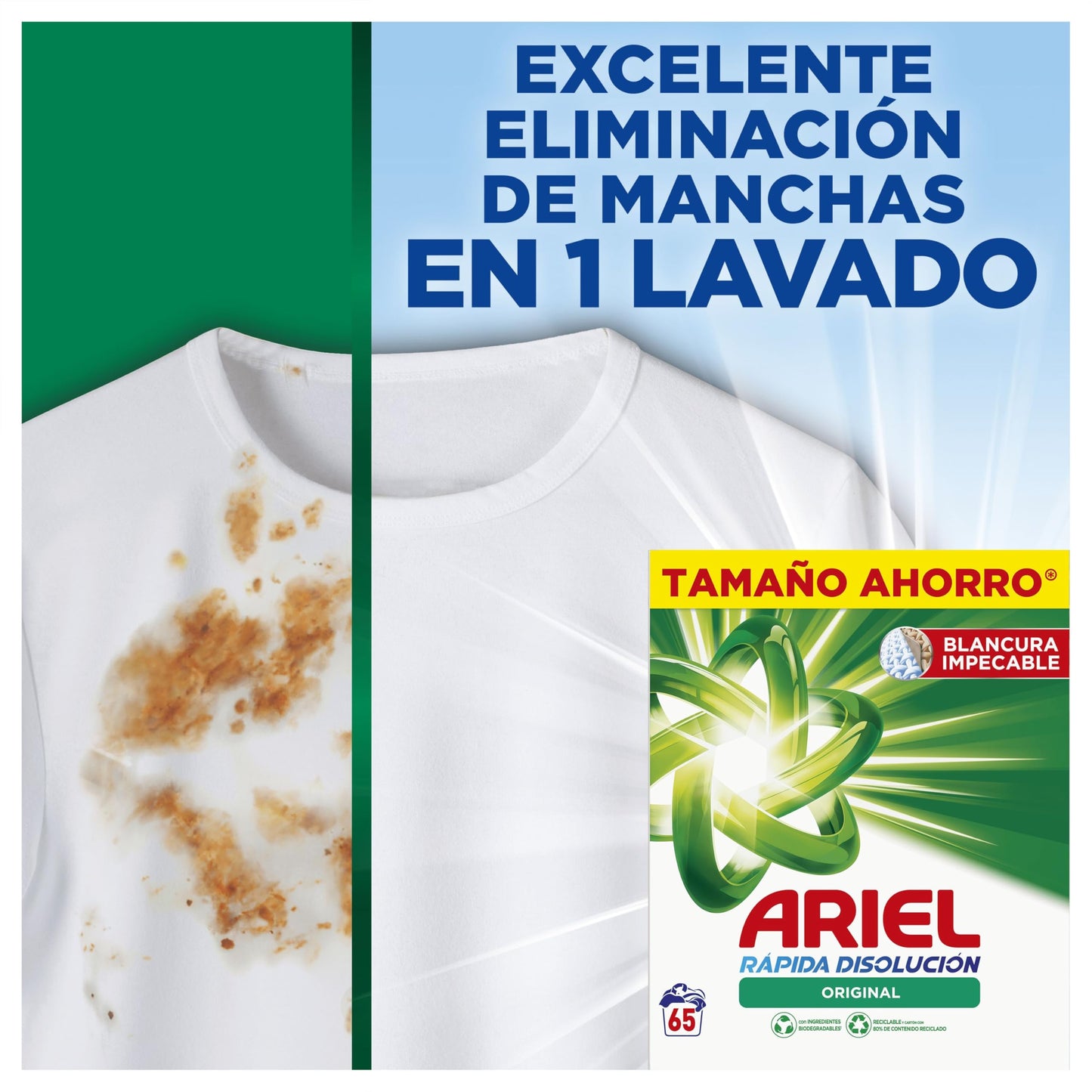 Ariel Original Detergente En Polvo Para Lavadora 4.225 kg 65 Lavados, Con Tecnología Antirresiduos Que Deja La Ropa Blanca Y Reluciente