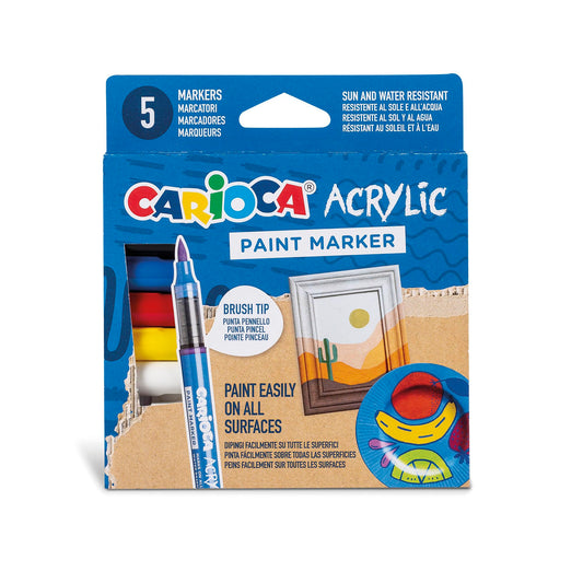 CARIOCA Rotulador Acrílicos | Caja de 5 rotuladores permanentes | Punta Pincel | Apto para todas las superficies y alta opacidad | Base de Agua | 5 colores
