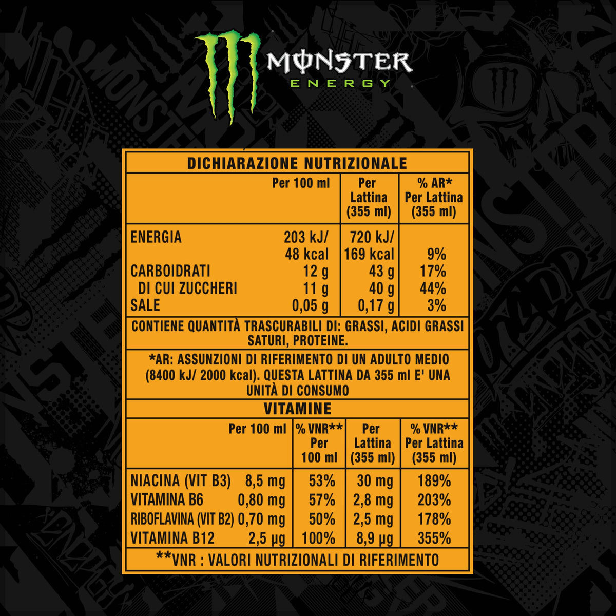 Monster Energy Mango Loco con zumo de mango, con ácido carbónico, paleta de bebidas energéticas 24 x 500 ml y adhesivo gratis
