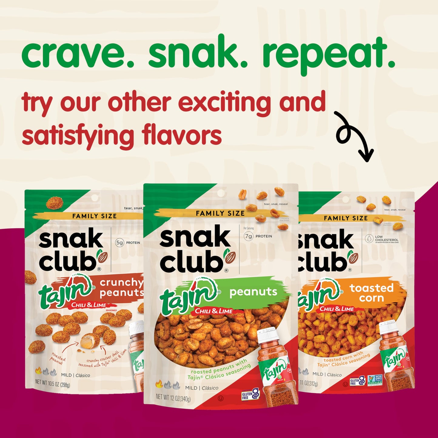 Snak Club Tajin Fiesta Snack Mix Chilli Lime Peanuts Pepitas y Maíz Snacks crujientes Sabor suave Bolsa resellable de 11 onzas