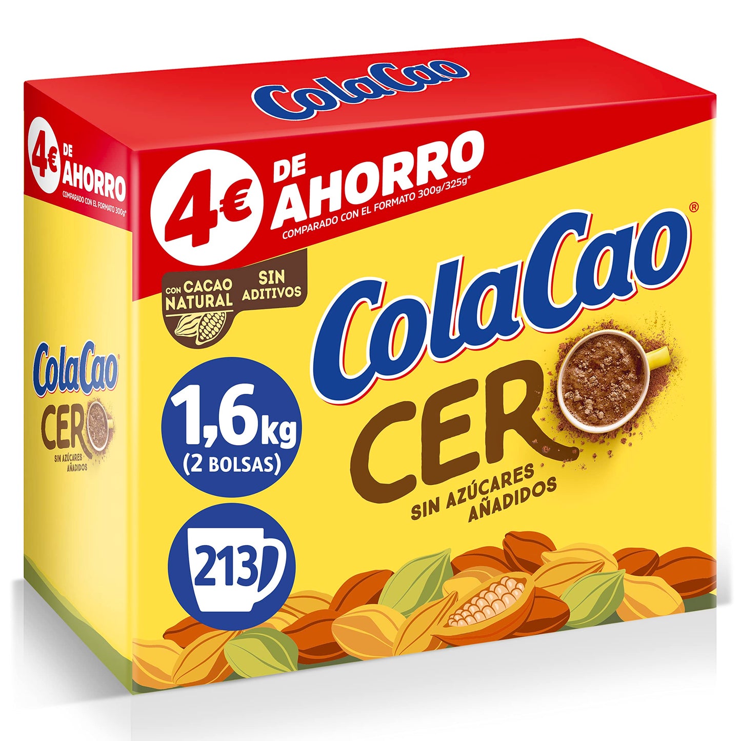 ColaCao Cacao Soluble, 0% Azúcares Añadidos, 1.6kg