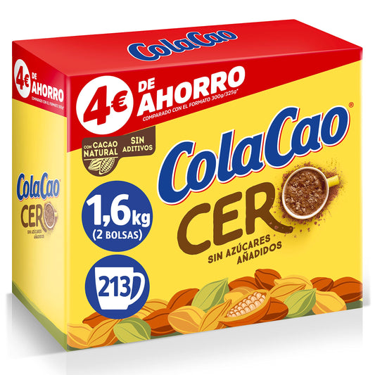 ColaCao Cacao Soluble, 0% Azúcares Añadidos, 1.6kg