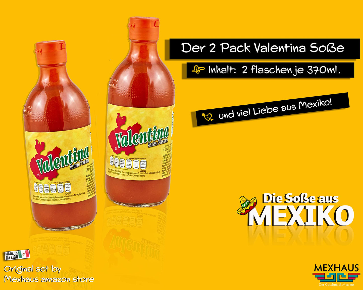 Salsa Valentina salsa picante chilli mexicana caliente / salsa picante / (pack de 2 unidades) - 370 ml cada uno, sin gluten, sin grasa y sin azúcar, salsas picantes set de regalo