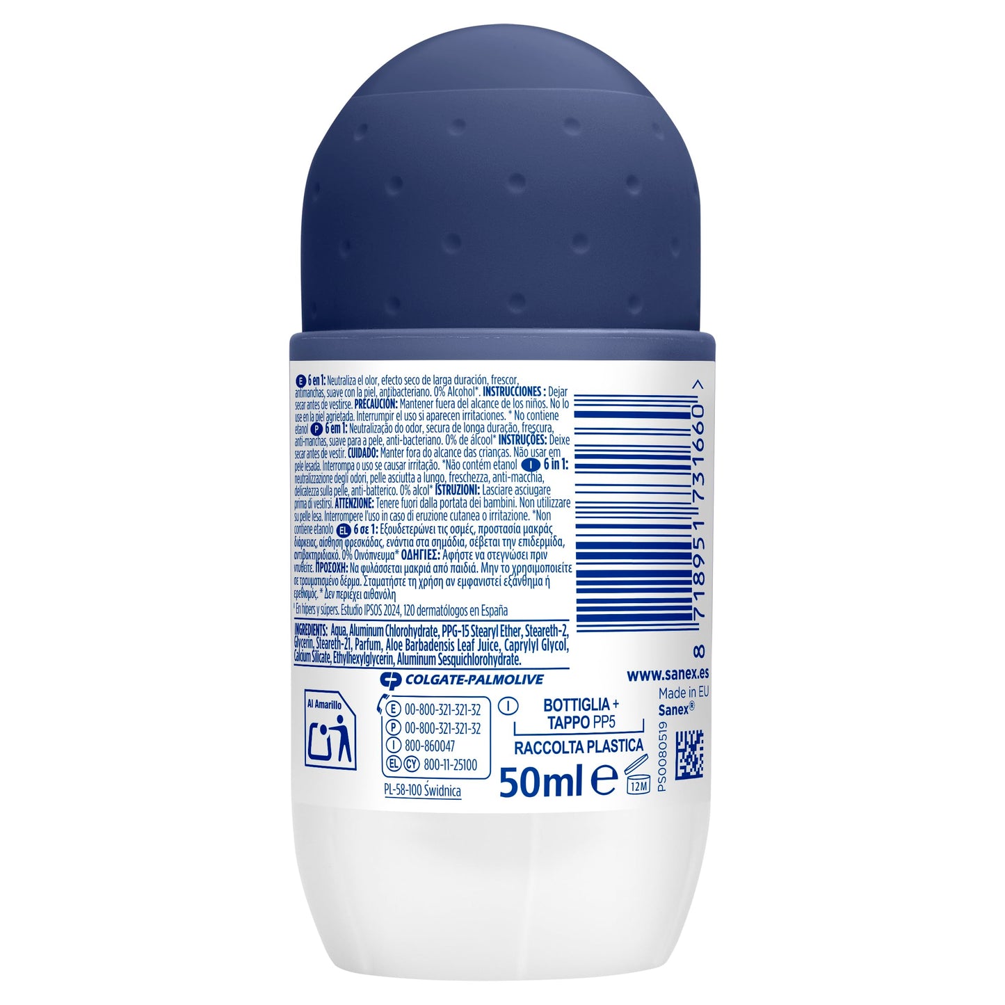 Sanex Men Active Control Desodorante Roll-On 50ml, 72 horas de protección contra el sudor, antiolor, efecto seco de larga duración, frescor, suave con la piel, antibacteriano, 0% alcohol*.