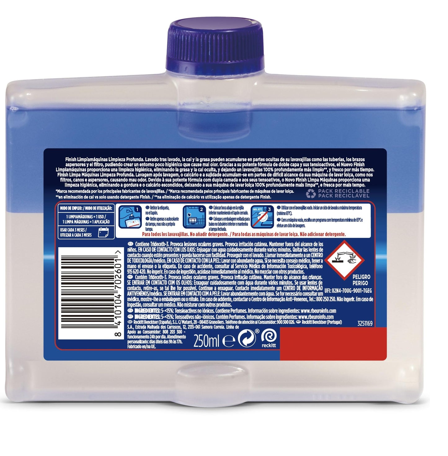 Finish Limpiamáquinas para Lavavajillas, Limpia lavavajillas contra el mal olor, la cal y la grasa del lavaplatos 4 x 250 ml