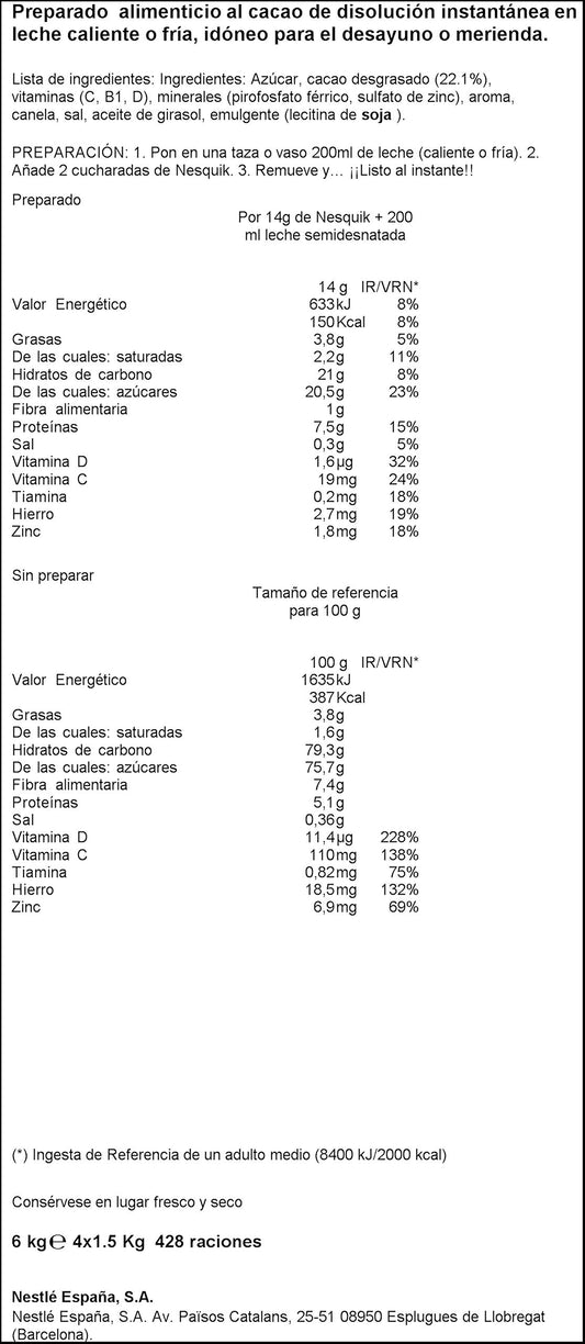 Nestlé - Nesquik cacao soluble instantáneo - 1.5 kg x 4 unidades
