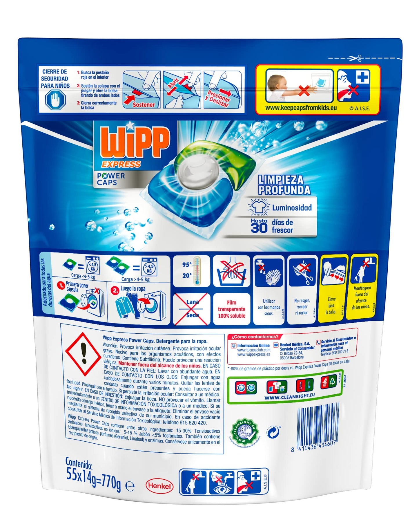 Wipp Express Power Caps (1 x 55), Detergente en cápsulas lavadora que proporciona luminosidad, pastillas lavadora para una limpieza profunda, hasta 30 días de frescor