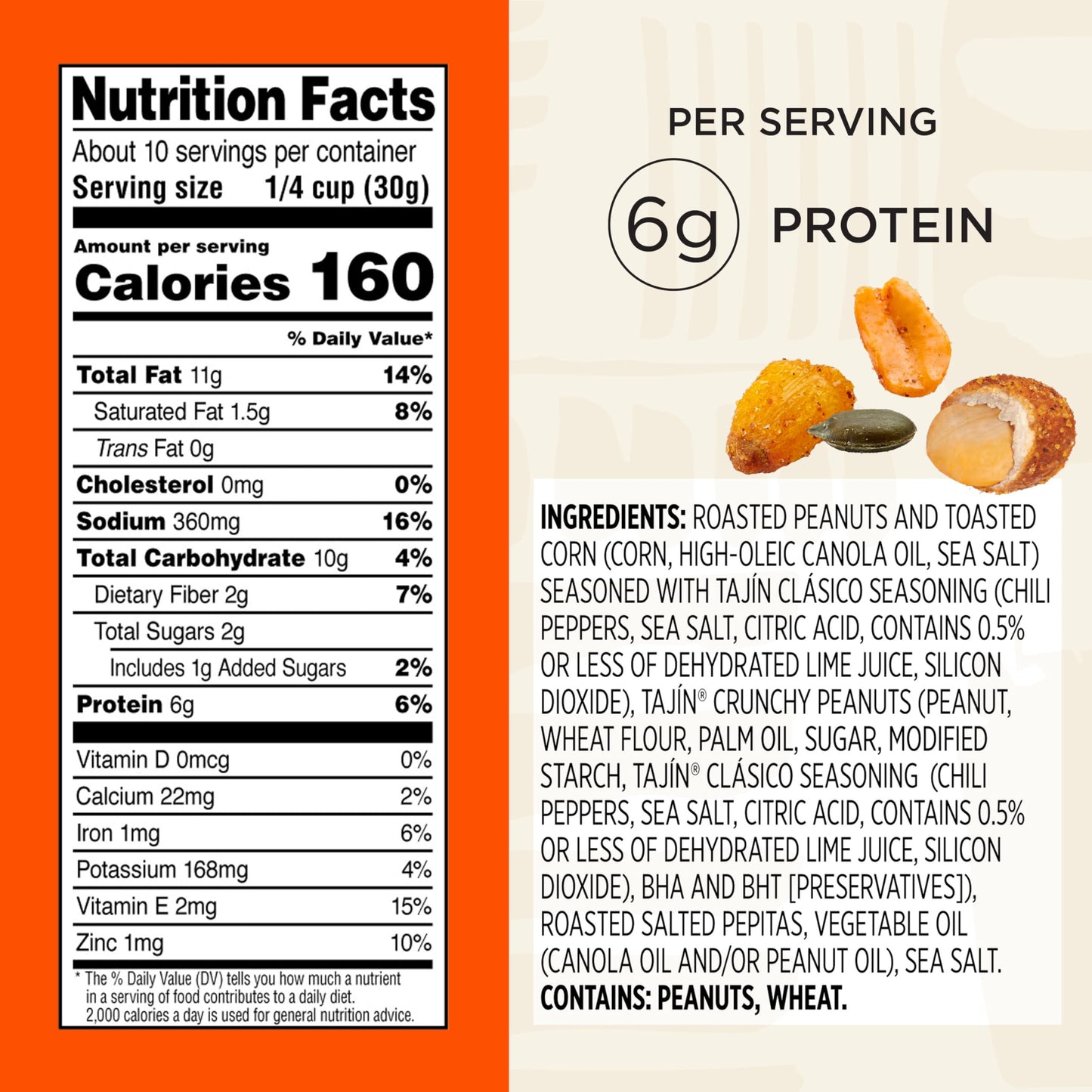 Snak Club Tajin Fiesta Snack Mix Chilli Lime Peanuts Pepitas y Maíz Snacks crujientes Sabor suave Bolsa resellable de 11 onzas