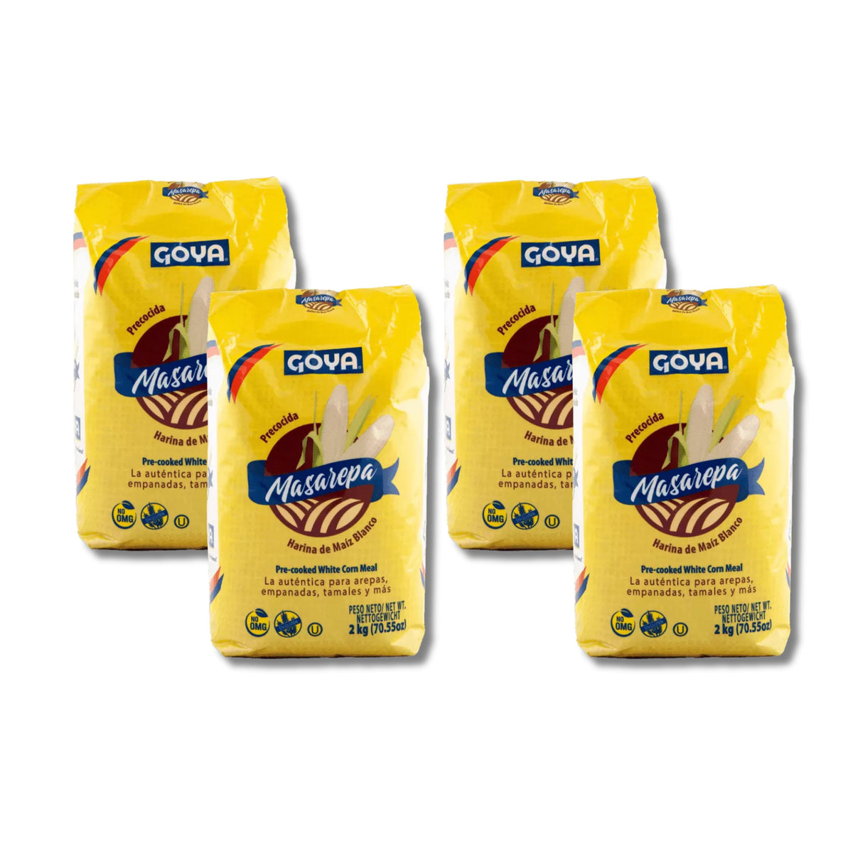 Harina de Maíz Blanco Precocida - Pack Ahorro 8kg (4 Unidades de 2kg) - Harina de Maíz para Arepas, Empanadas y Tamales - Goya - Sin Gluten, No OMG, Certificado Kosher