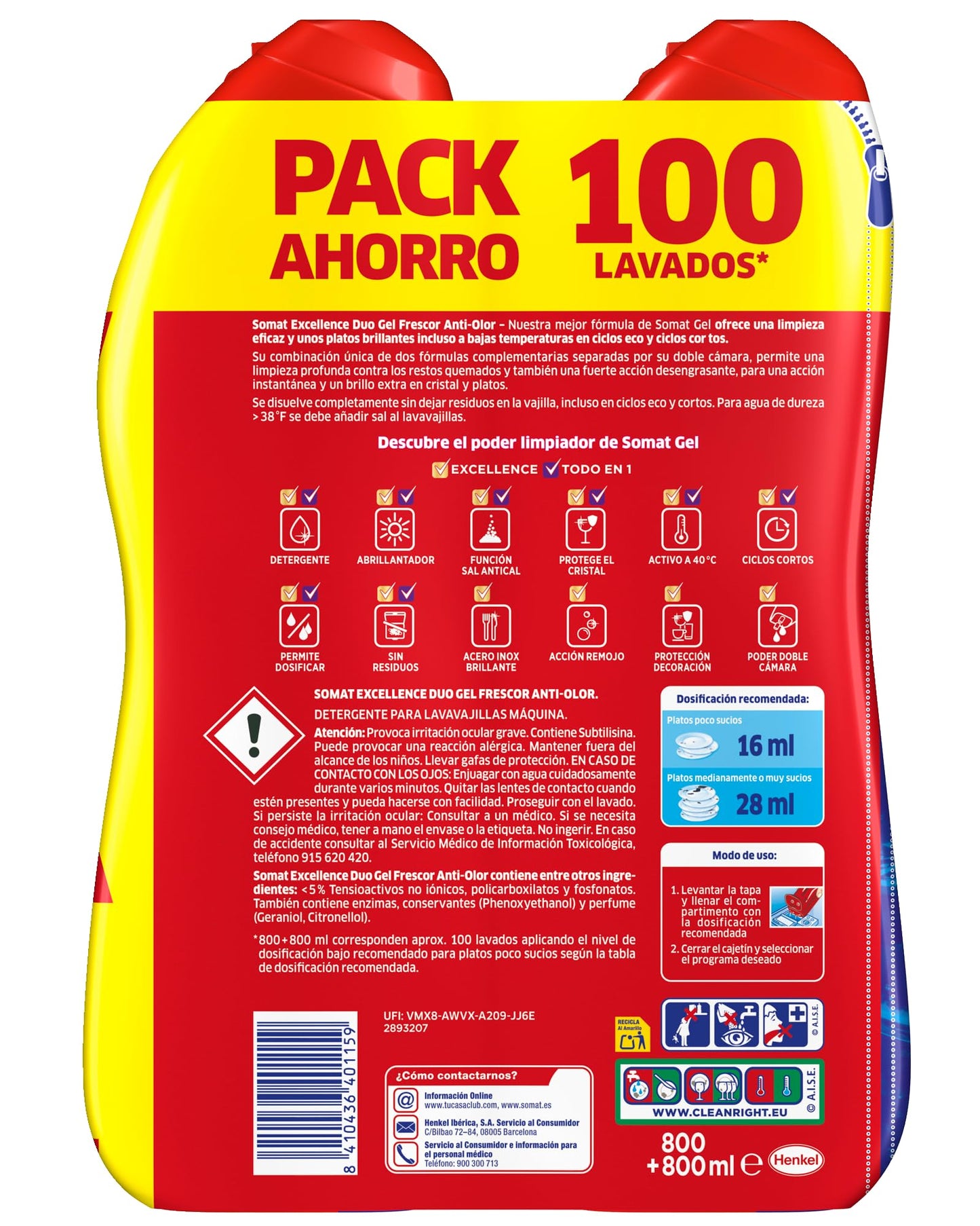 Somat Excellence Gel Frescor Anti-Olor (100 lavados), detergente lavavajillas desengrasante, lavavajilla líquido automático en botella, jabón para platos con vinagre