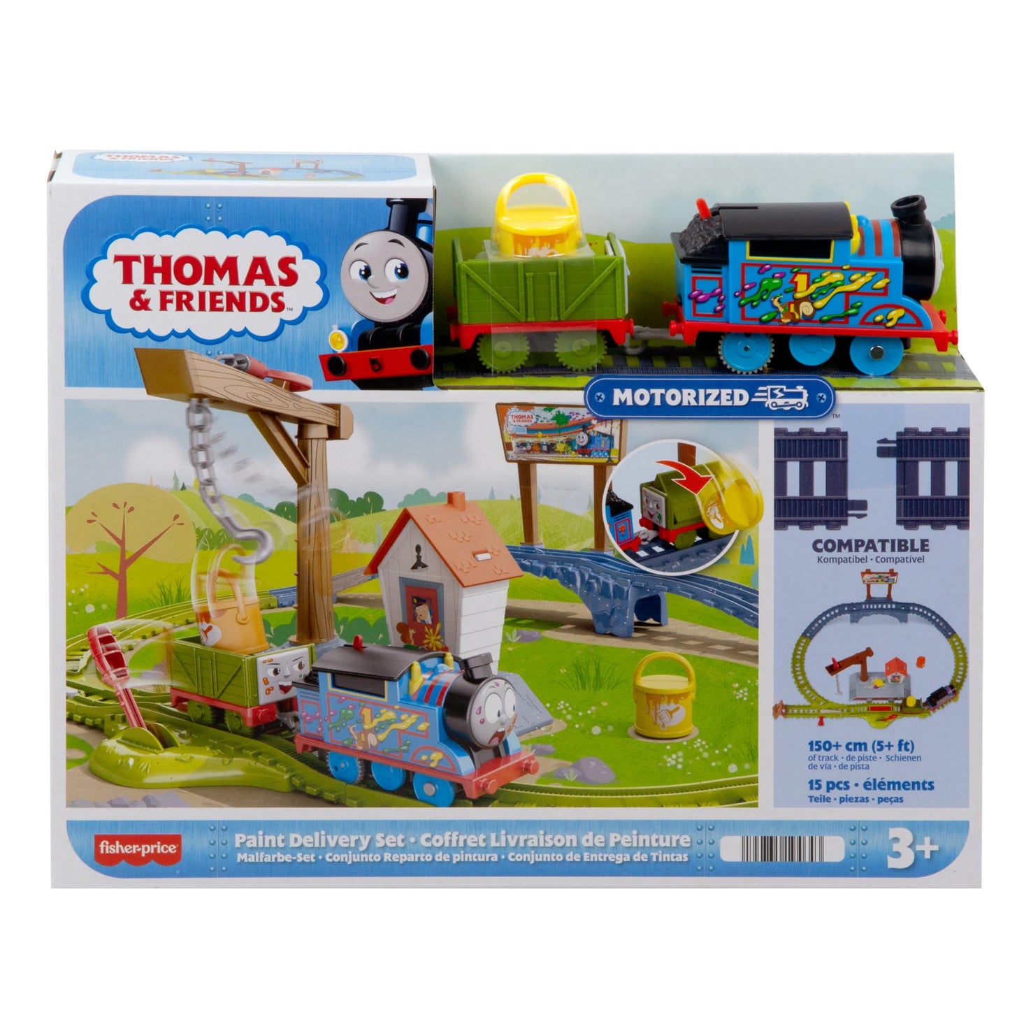 Thomas y sus amigos Reparto de pintura, Set de juego con locomotora motorizada, vagón y vías para tren de juguete, 15 piezas  +3 años, HTN34