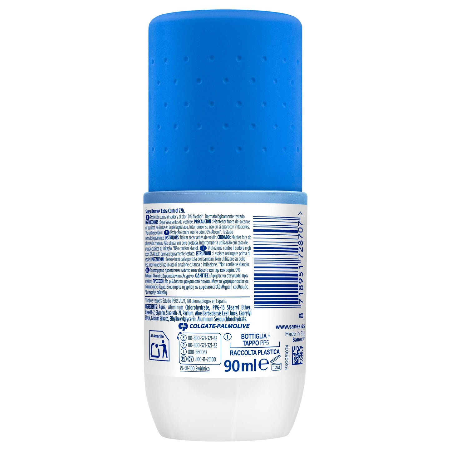 Sanex Dermo+ Extra Control Desodorante Antitranspirante Roll-On 72 Horas 90ml – protección efectiva contra el sudor y el mal olor – dermatológicamente testado– contiene 0% alcohol*