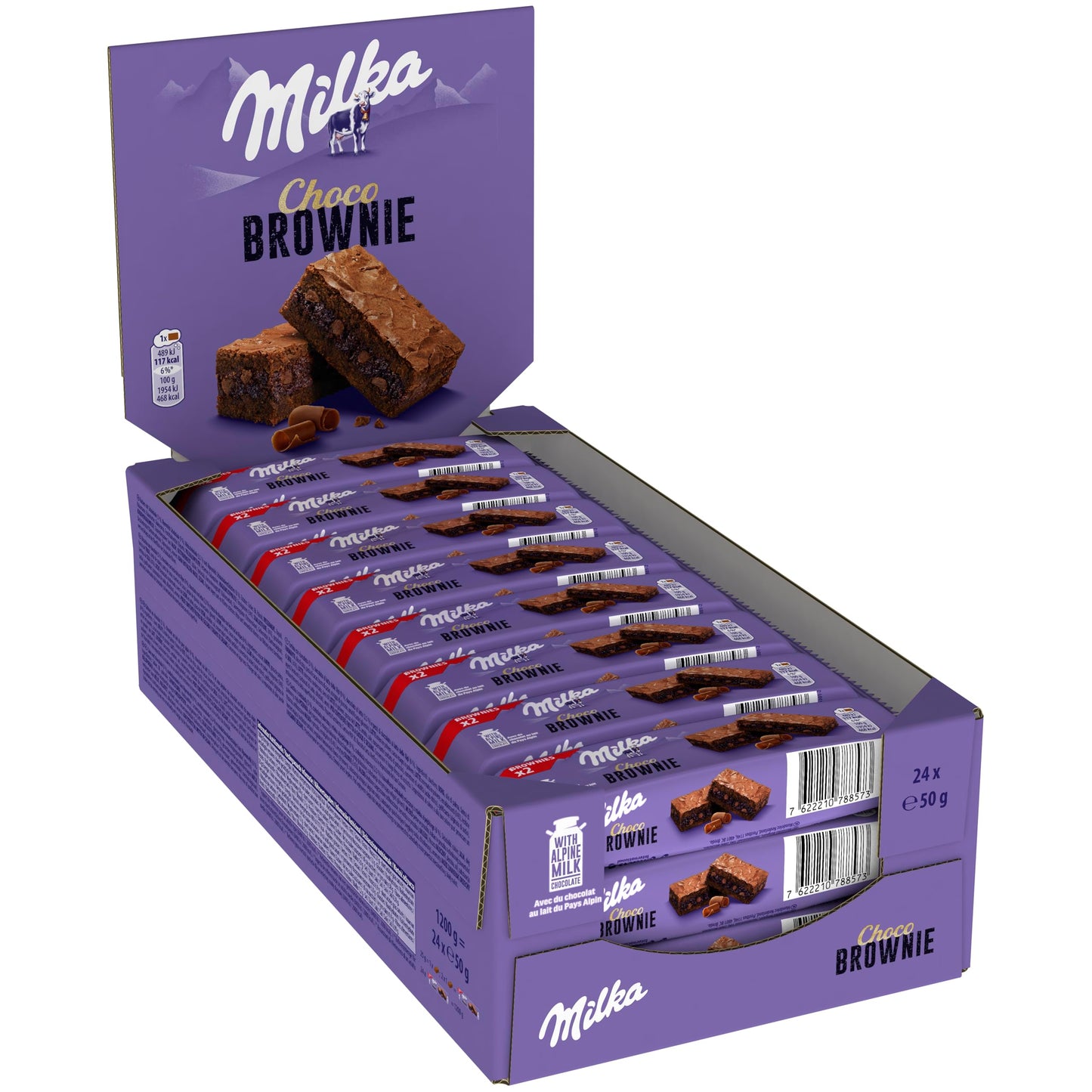 Milka Choco Brownie, Bizcocho de Chocolate con Leche de los Alpes y Trozos de Chocolate con Leche, Pack de 24 x 50 g