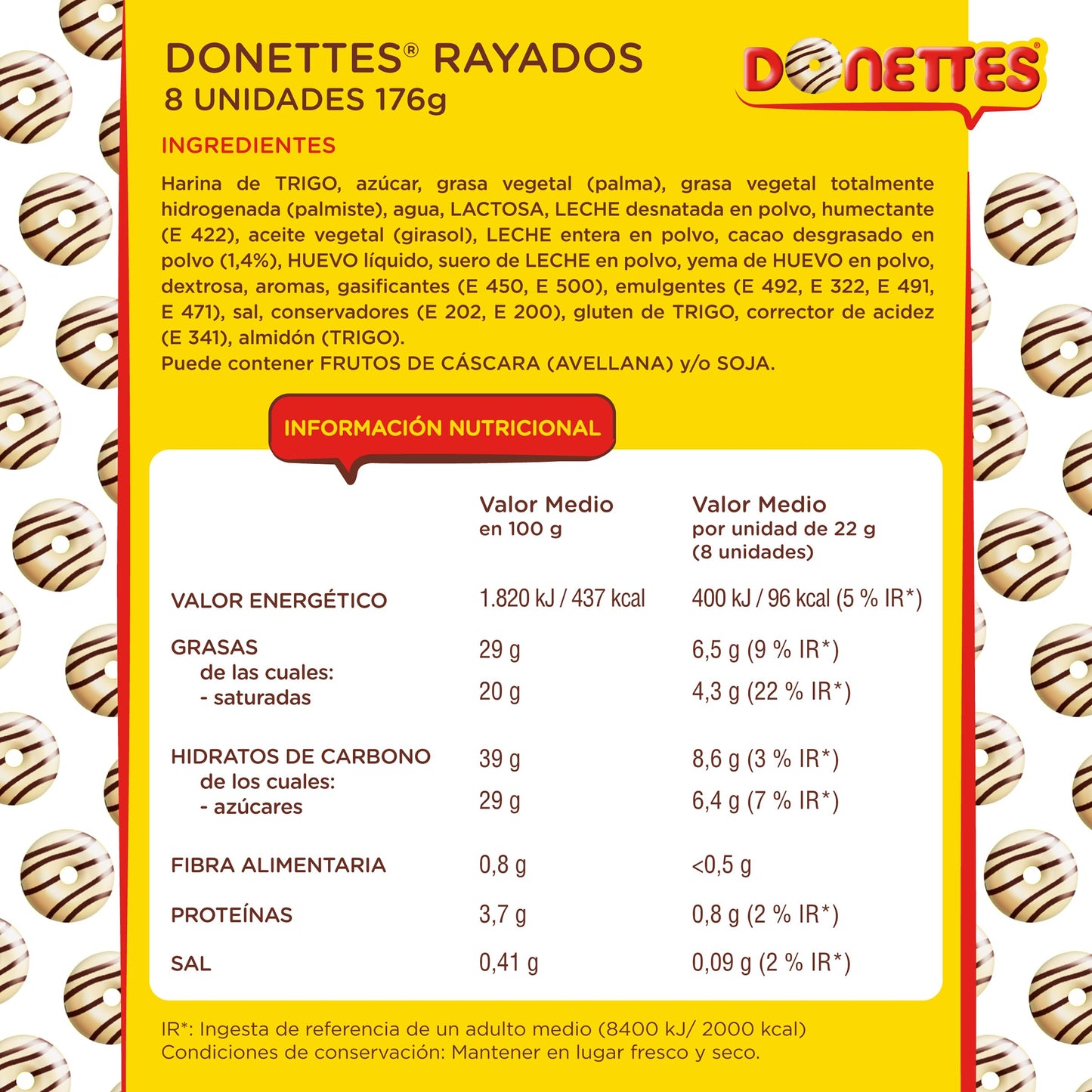 Donettes Rayados - Mini Rosquillas con Crujiente Cobertura de Chocolate Blanco y Cacao, 8 unidades