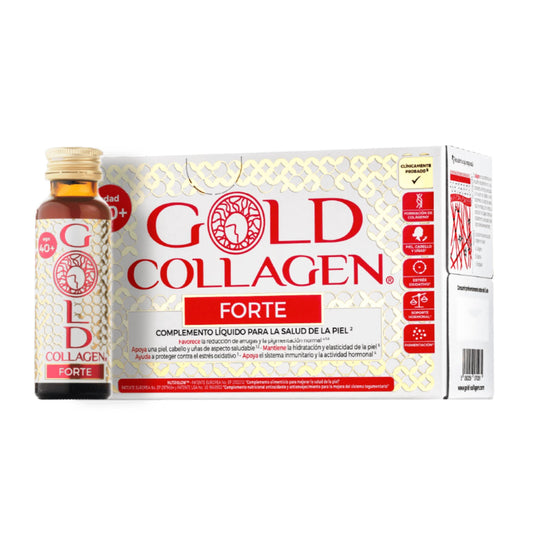 GOLD COLLAGEN Forte - Complemento de Colágeno Marino Hidrolizado Antiarrugas para Sistema Inmunitario con Vitamina C y Ácido Hialurónico, Biotina para el Cabello Piel y Uñas 1 Caja 10 Botellitas 50 ml