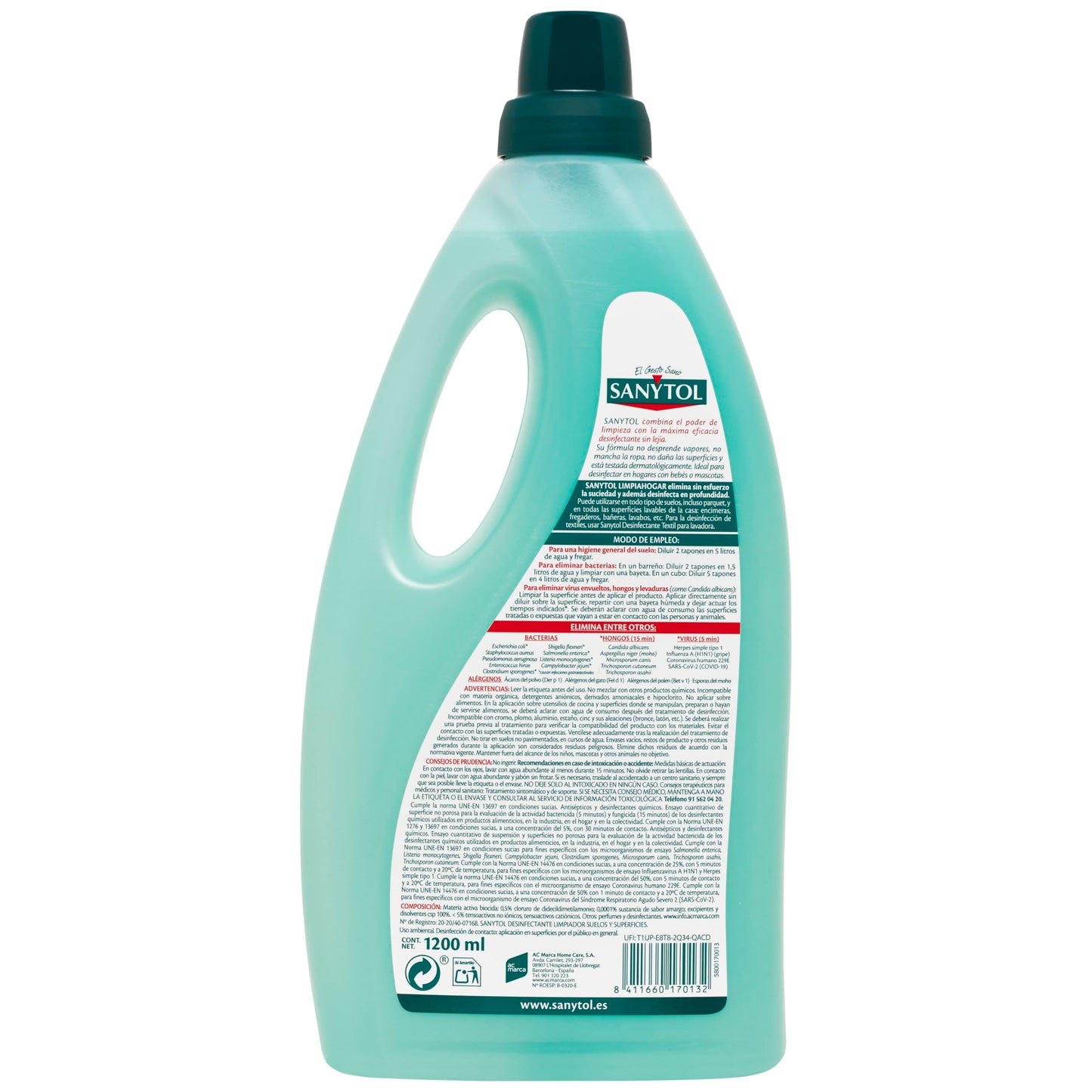 Sanytol – Botella Desinfectante Limpiahogar, Elimina Bacterias, Hongos Y Virus Sin Lejía, Perfume Eucaliptus, Negro, 1200 Mililitro