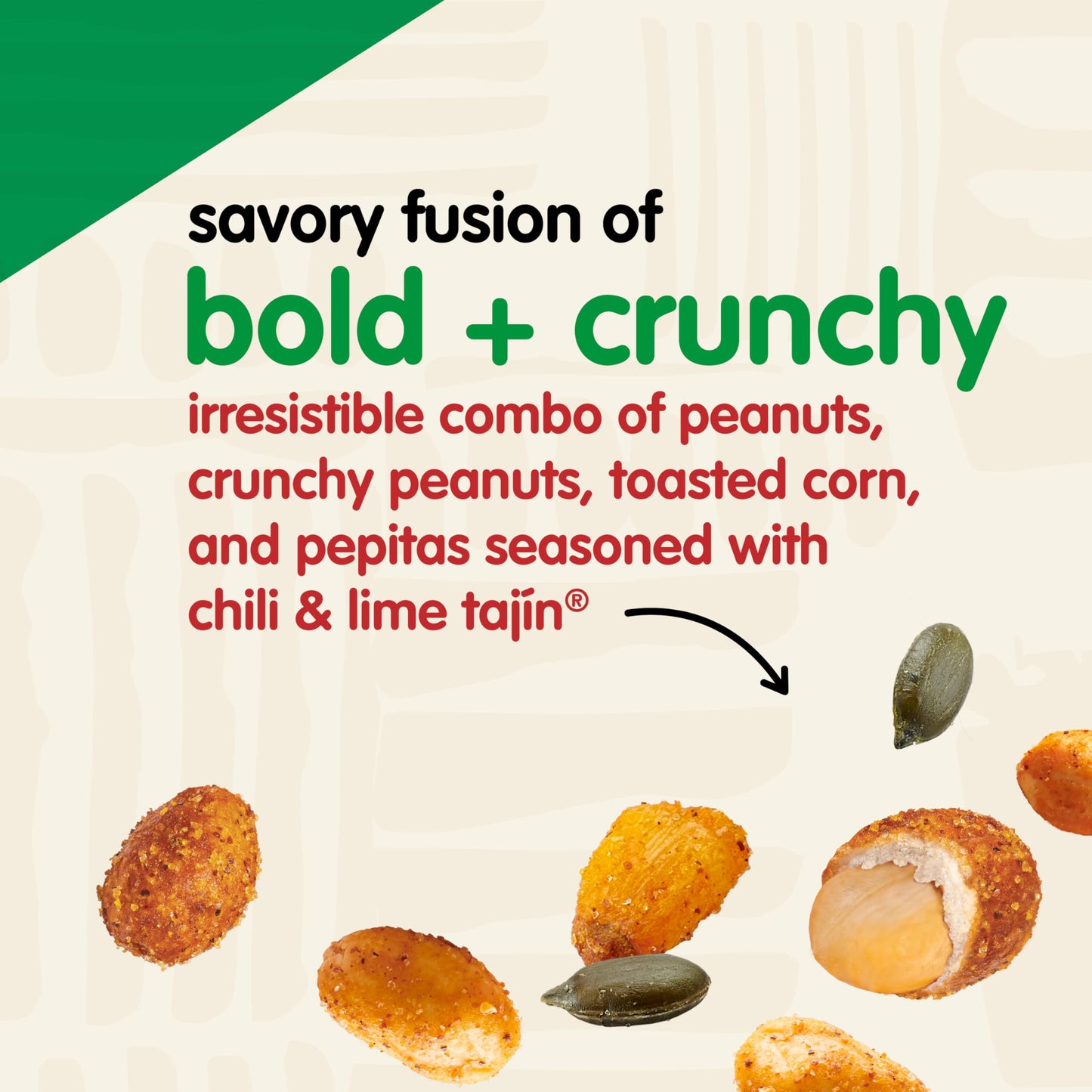 Snak Club Tajin Fiesta Snack Mix Chilli Lime Peanuts Pepitas y Maíz Snacks crujientes Sabor suave Bolsa resellable de 11 onzas