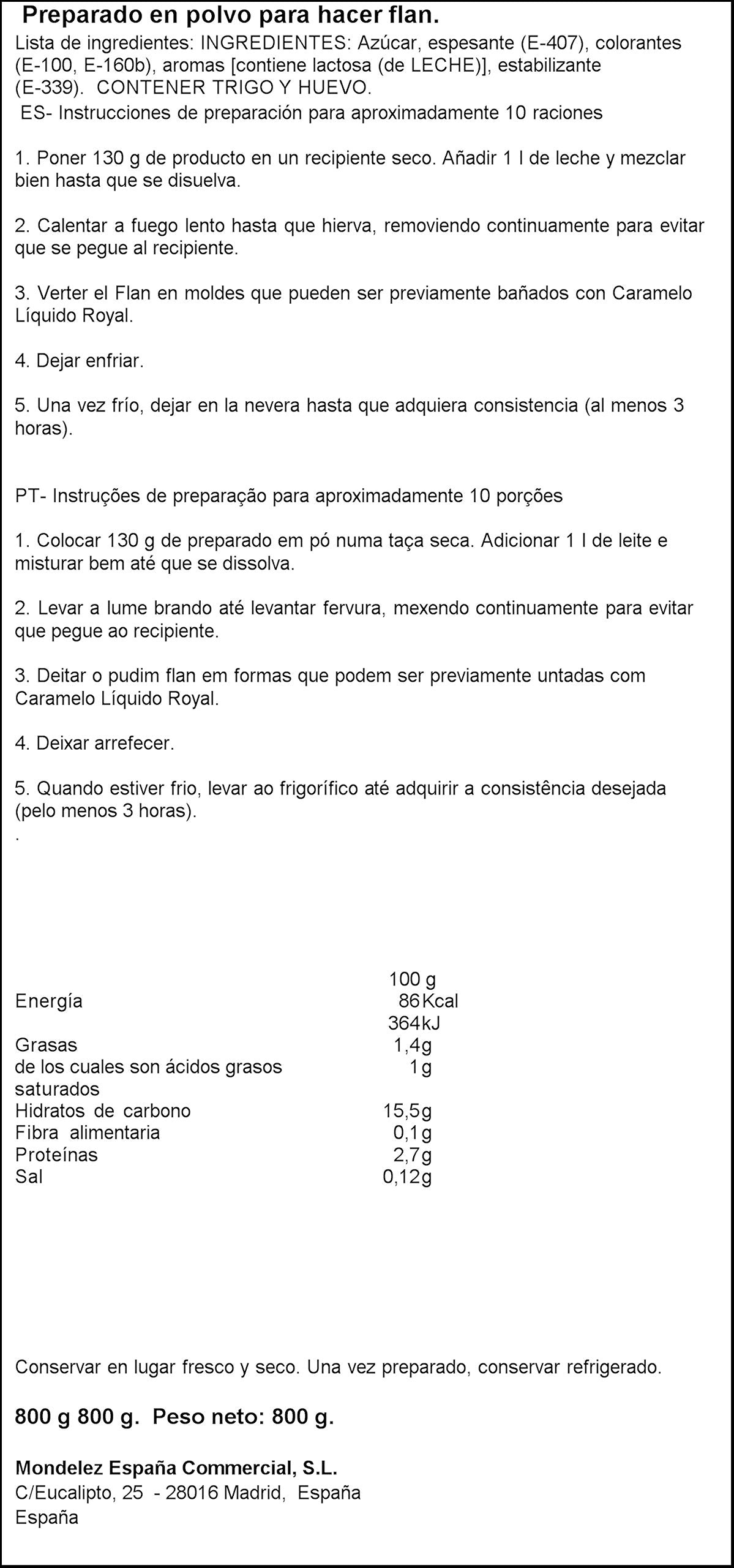 Royal Professional Flan, Preparado en Polvo 64 Raciones, Bote 800 g