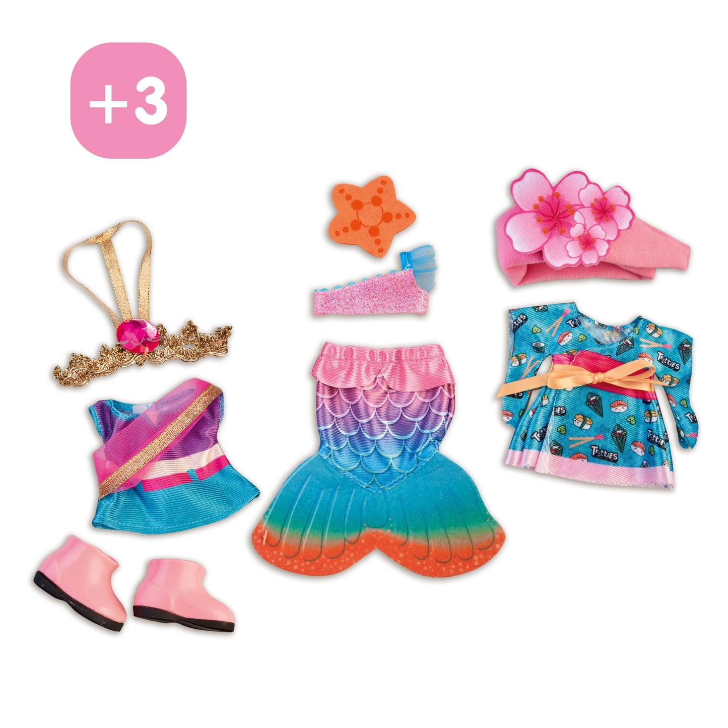 Trotties - Looks del Mundo, 3 Outfits de Diferentes países para Las muñecas Grandes de 35 cm, de Japón, India y Australia, 3 años, Famosa (TFT16000)