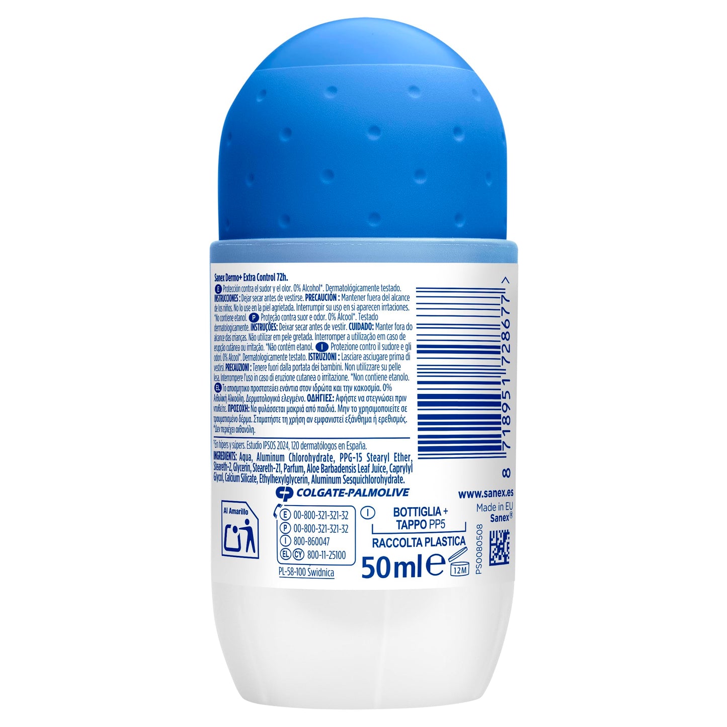 Sanex Dermo+ Extra Control Desodorante Antitranspirante Roll-On 72 Horas (50ml) – protección efectiva contra el sudor y el mal olor – dermatológicamente testado– contiene 0% alcohol*