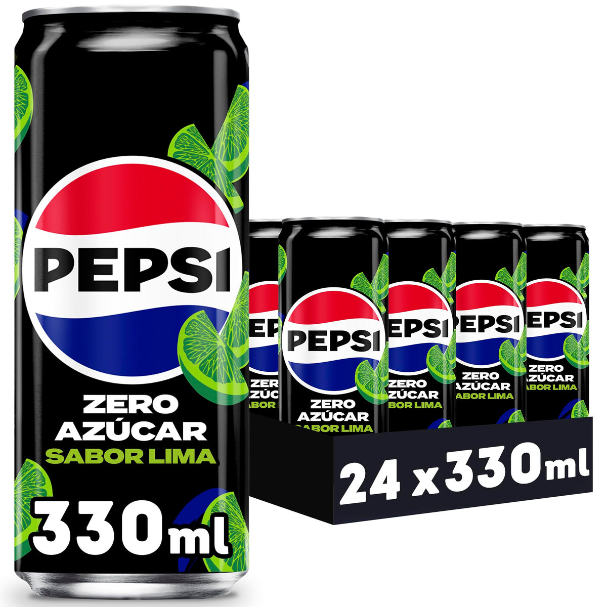 Pepsi zero Lima Refresco de cola con cero azúcar y cero calorías, pack de 24 latas de 330 ml, 7.92 litros en total