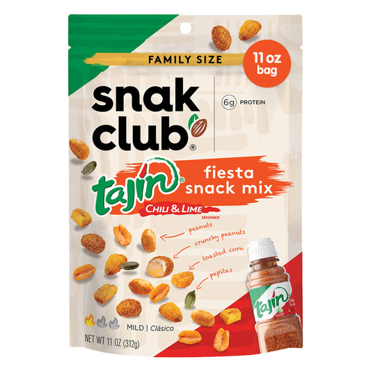 Snak Club Tajin Fiesta Snack Mix Chilli Lime Peanuts Pepitas y Maíz Snacks crujientes Sabor suave Bolsa resellable de 11 onzas