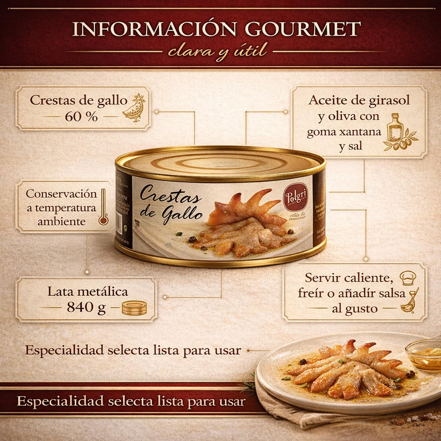 POLGRI Crestas de Gallo Crestas de Gallo en su Jugo Conserva Gourmet Delicatessen Lata 840 g Plato Preparado Premium Listo para Calentar Tapa Selecta Cocina Tradicional Sabor Unico Artesana