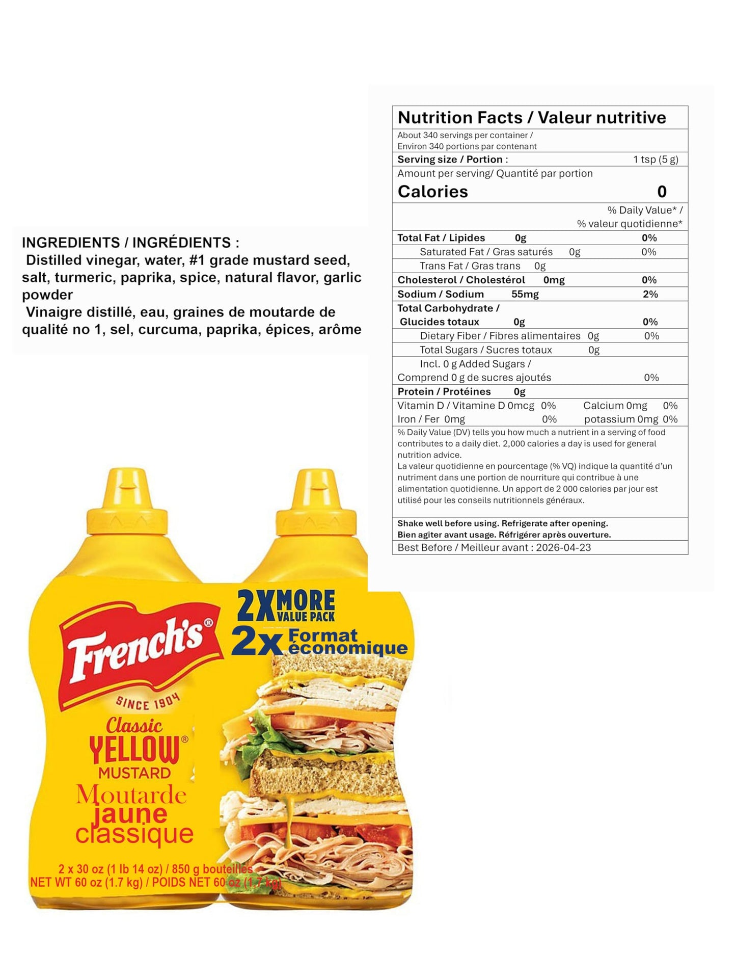 French's Classic 100% Natural Yellow Mustard Pack of 2 30 oz Bottles