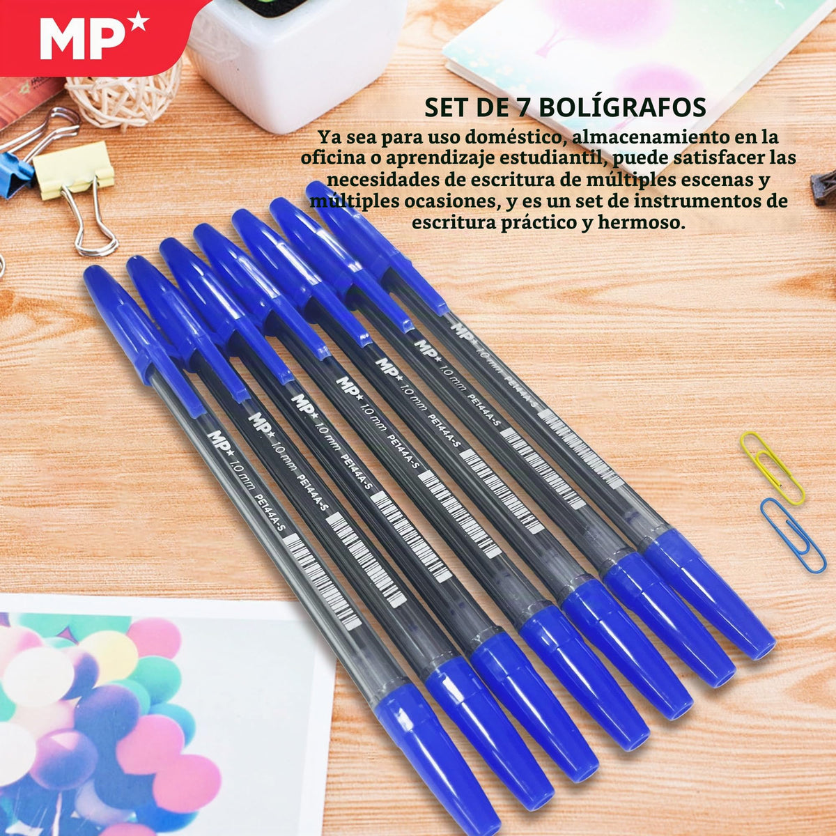 MP Boligrafos boligrafo azul Punta Media 1.0mm Blíster de 7 Unidades para escritura suave