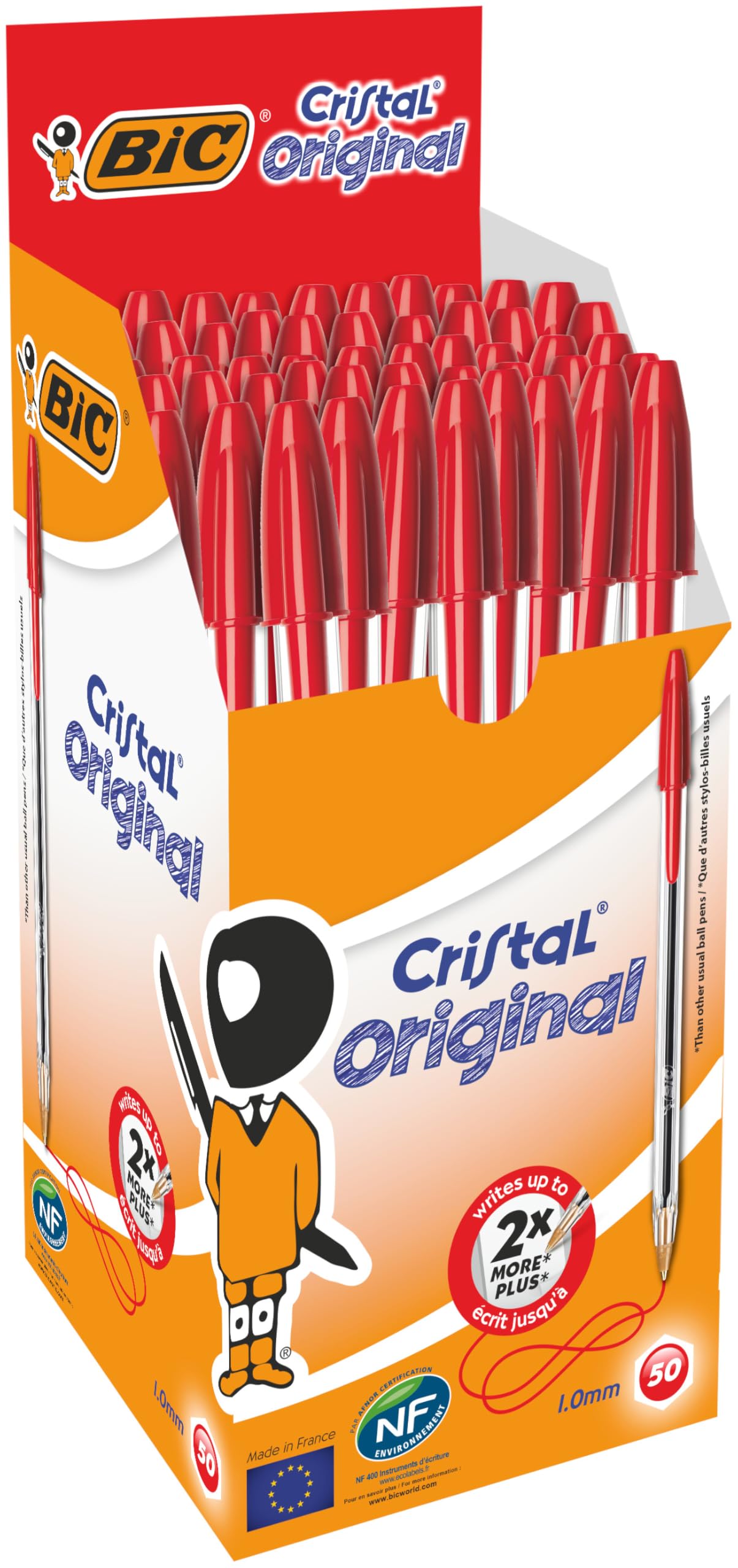BIC Cristal Original Caja de 50 unidades - bolígrafos punta media (1,0 mm), color rojo - material oficina, material escolar