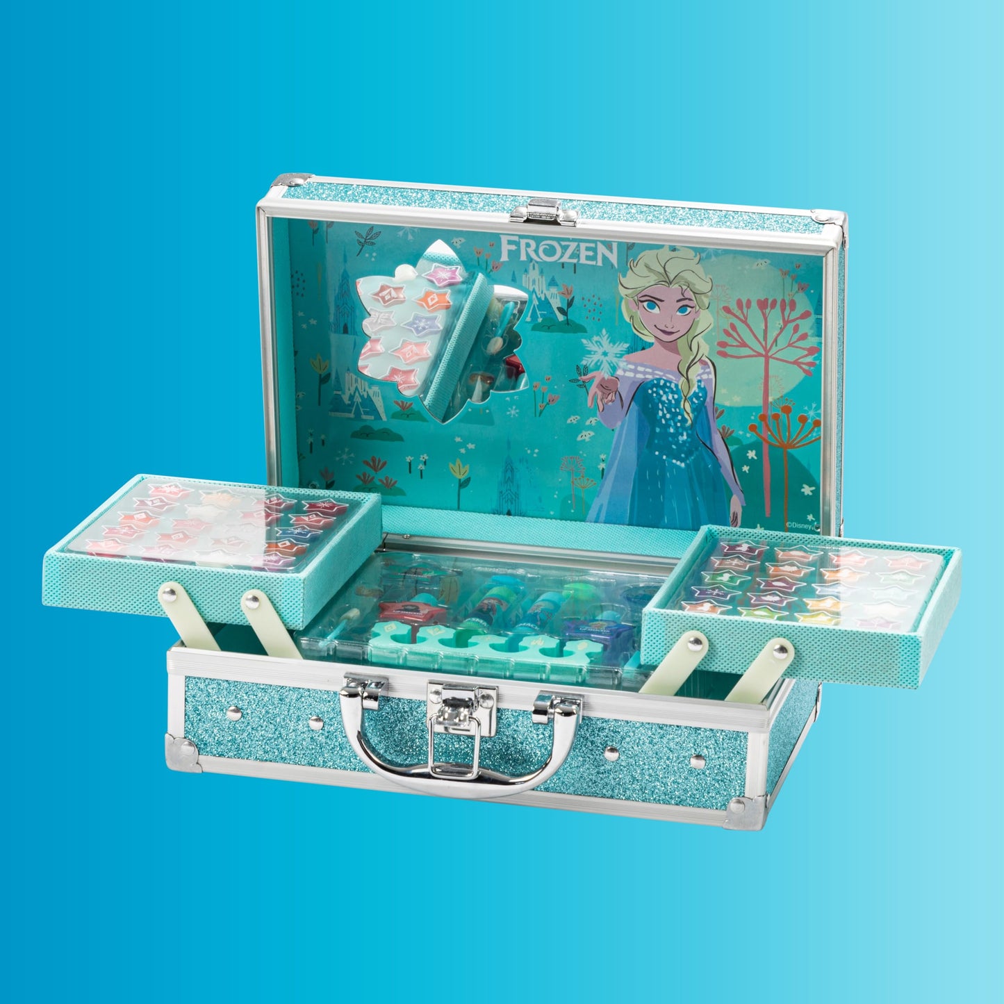 Lip Smacker Frozen Traincase, Maletín De Maquillaje Frozen Para Niñas, 40+ Piezas de Maquillaje para Rostro, Labios y Uñas con Accesorios de Belleza para Cabello y Maquillaje Incluidos