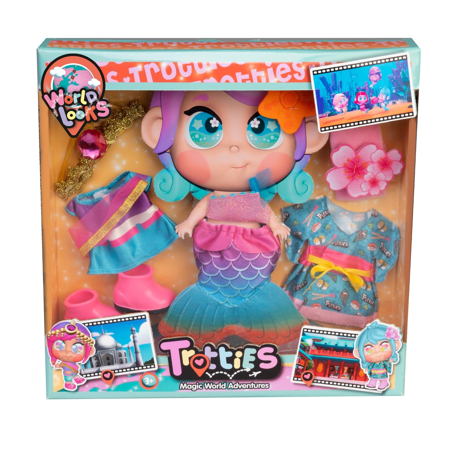 Trotties - Looks del Mundo, 3 Outfits de Diferentes países para Las muñecas Grandes de 35 cm, de Japón, India y Australia, 3 años, Famosa (TFT16000)
