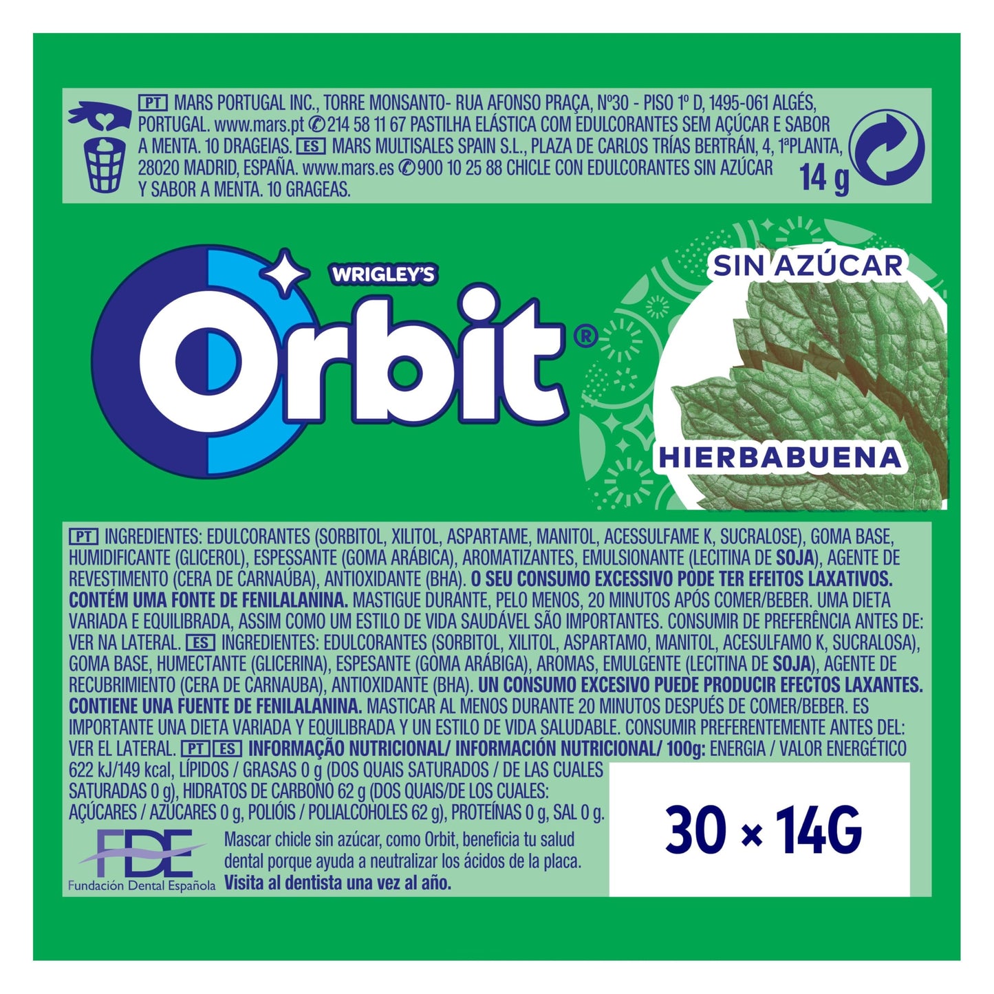 Orbit Chicles Sabor Hierbabuena - Paquete De 30 X 14 Gr - Total: Gr, 420 Gramo, 30 Unidades